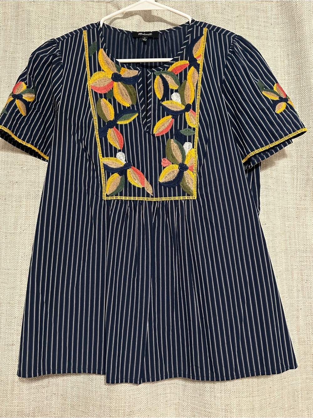 Navy Striped Embroidered Flutter Sleeve Top - Madewell